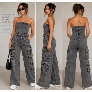 Fourteen Twelve Denim Cargo Jumpsuit Women L Gray Acid Wash Wide Leg Strapless